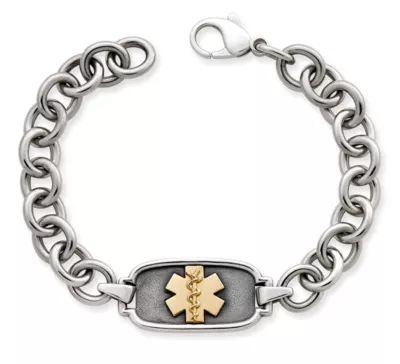 Medical Alert Link Bracelet in Sterling Silver and 14K Yellow Gold