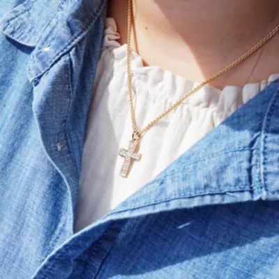 Plain Latin Cross Pendant with Diamonds in 18K Yellow Gold - Image 2