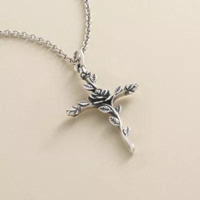 Rosebud Cross Pendant in Sterling Silver or 14K Yellow Gold - Image 2