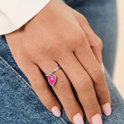 Small Enamel Heart Charm Dangle Ring in Sterling Silver - Image 2