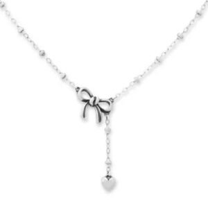 Delicate Bow and Heart Lariat Necklace in Sterling Silver