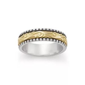 Beaded Scrolled Wedding Ring in Sterling Silver and 14K Yellow Gold