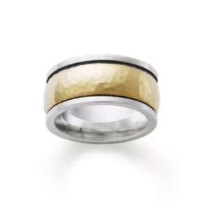 Wide Hammered Simplicity Wedding Ring in Sterling Silver and 14K Yellow Gold